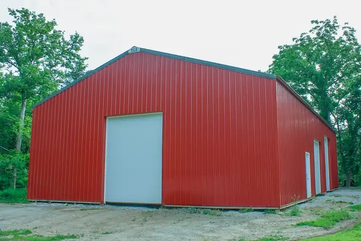 Stained wood post-frame building