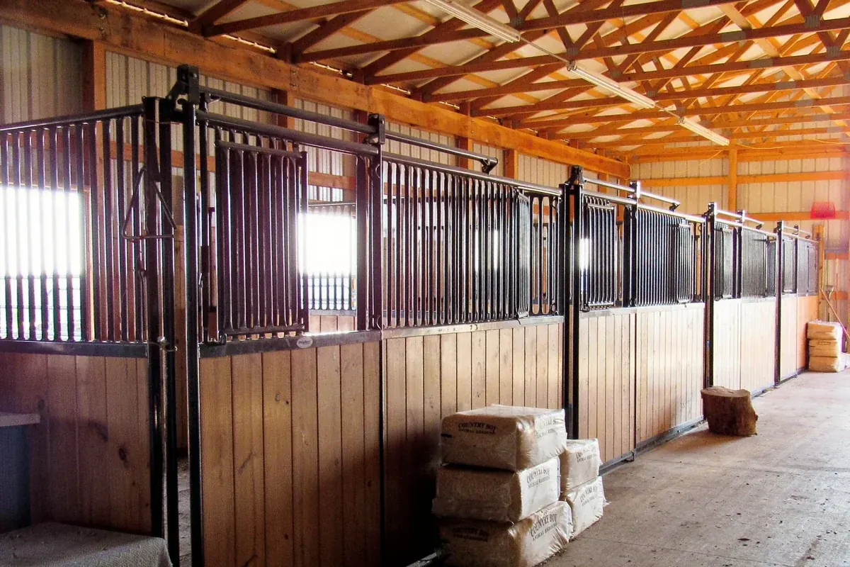 Row of horse stalls with black metal fronts inside a post-frame equestrian barn