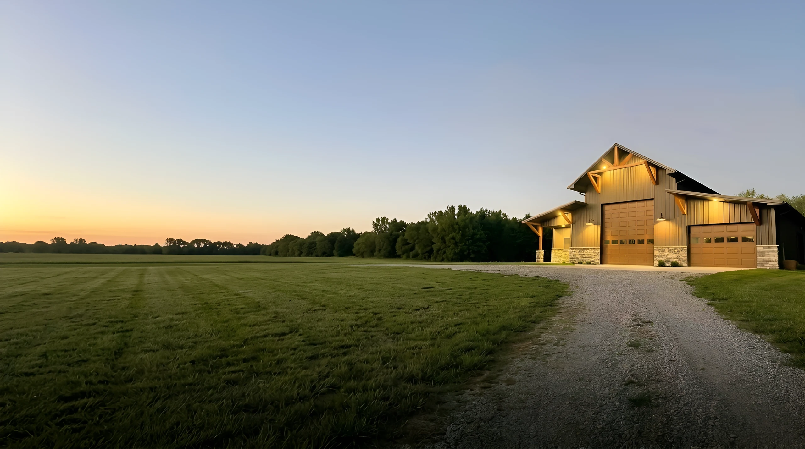 Post-frame building with exposed timber-frame gables, stone wainscoting and warm exterior lighting at dusk, built by Yutzy Custom Structures